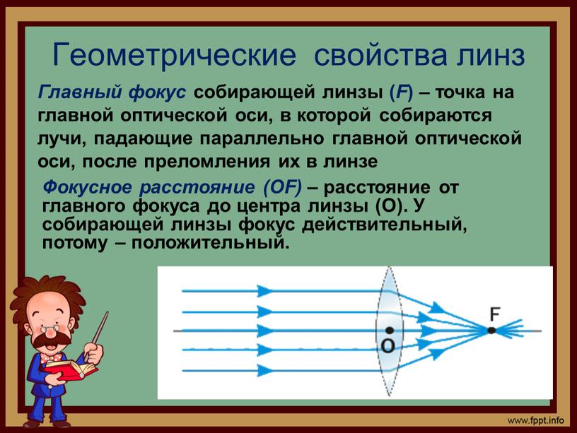 Геометрические свойства линз Главный фокус собирающей линзы (