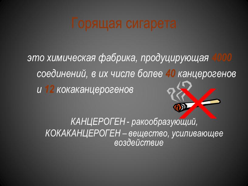 Горящая сигарета это химическая фабрика, продуцирующая 4000 соединений, в их числе более 40 канцерогенов и 12 кокаканцерогенов