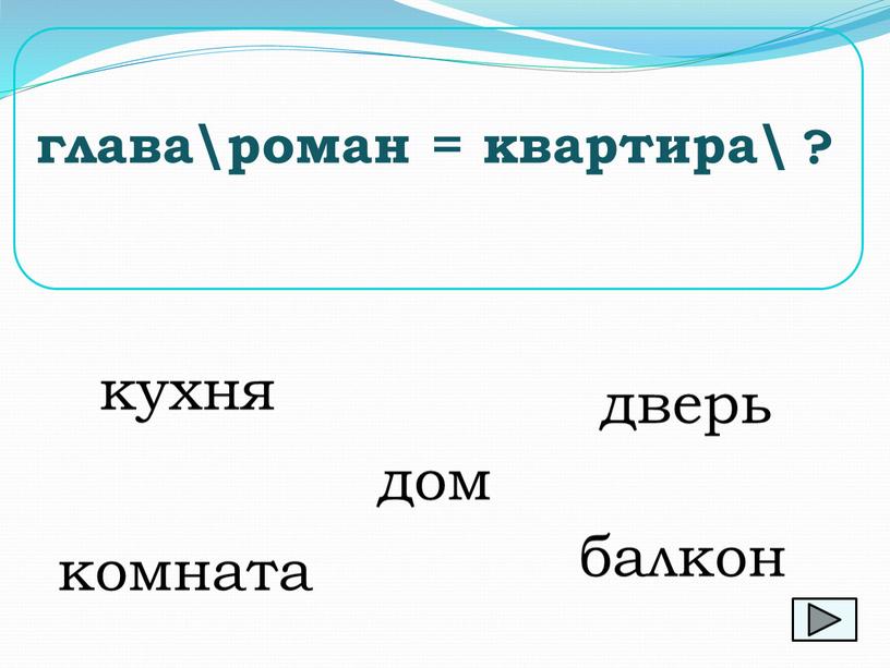 кухня глава\роман = квартира\ ? комната дверь дом балкон