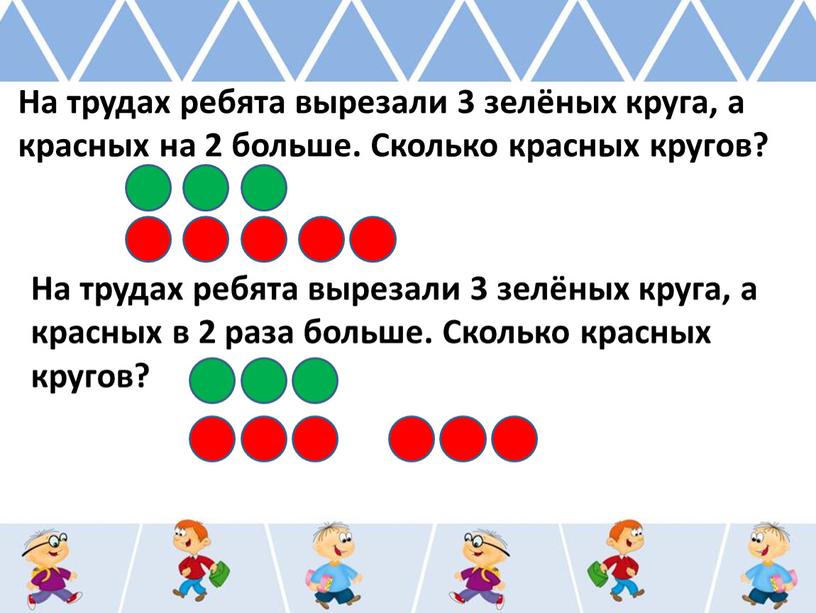 На трудах ребята вырезали 3 зелёных круга, а красных на 2 больше