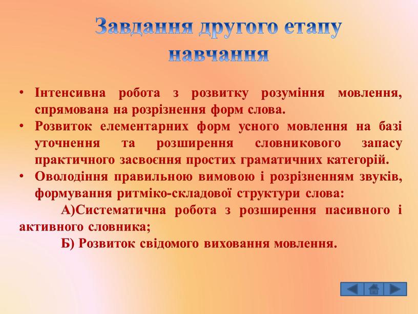 Завдання другого етапу навчання Інтенсивна робота з розвитку розуміння мовлення, спрямована на розрізнення форм слова