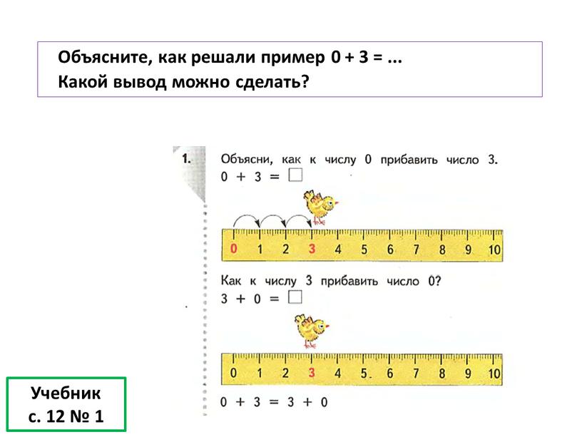 Учебник с. 12 № 1 Объясните, как решали пример 0 + 3 =