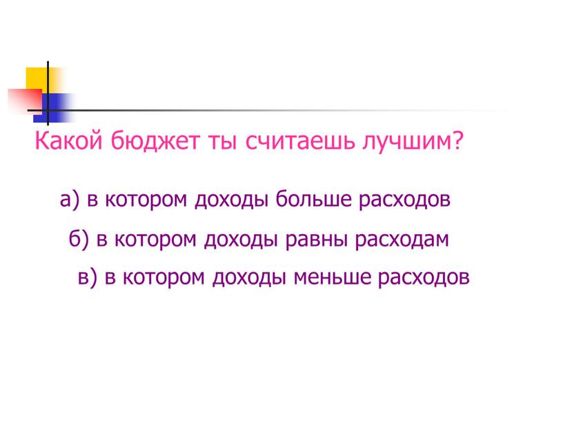 Какой бюджет ты считаешь лучшим? а) в котором доходы больше расходов б) в котором доходы равны расходам в) в котором доходы меньше расходов