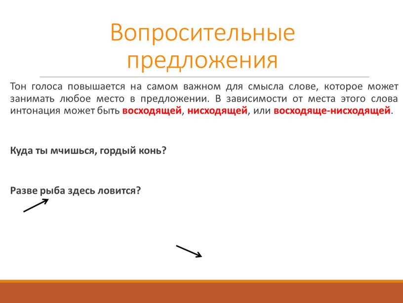 Вопросительные предложения Тон голоса повышается на самом важном для смысла слове, которое может занимать любое место в предложении