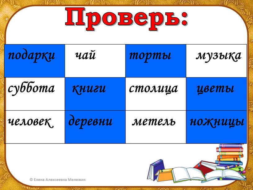 Проверь: подарки чай торты музыка суббота книги столица цветы человек деревни метель ножницы