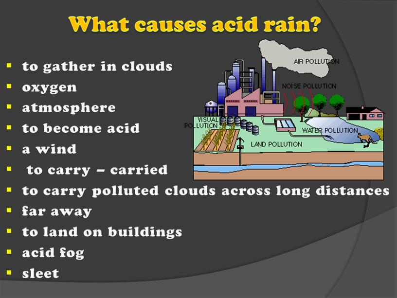 What causes acid rain? to gather in clouds oxygen atmosphere to become acid a wind to carry – carried to carry polluted clouds across long…