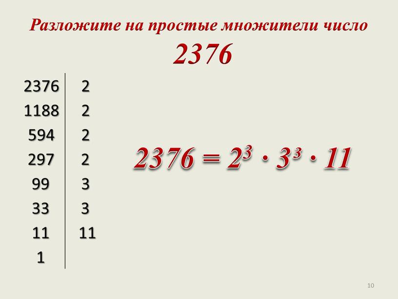 Разложите на простые множители число 2376 2376 2 1188 594 297 99 3 33 11 11 1 2376 = 23 ∙ 3³ · 11