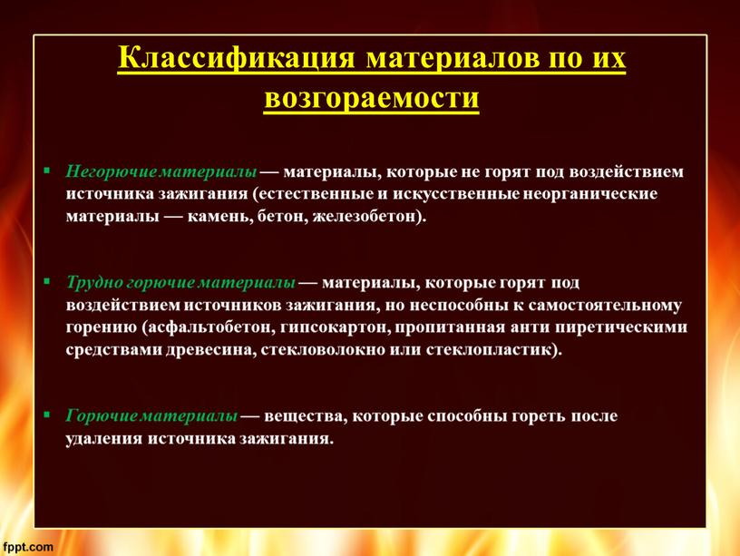 Классификация материалов по их возгораемости