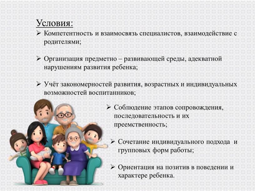 Условия: Компетентность и взаимосвязь специалистов, взаимодействие с родителями;