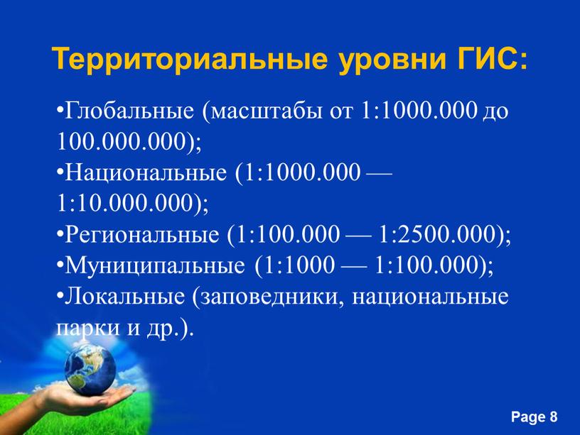 Территориальные уровни ГИС: Глобальные (масштабы от 1:1000