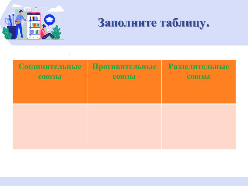 Заполните таблицу. Соединительные союзы