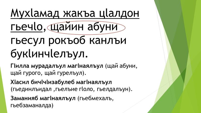 Мухlамад жакъа цlалдон гьечlо , щайин абуни гьесул рокъоб канлъи букlинчlелъул