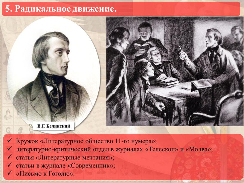 Кружок «Литературное общество 11-го нумера»; литературно-критический отдел в журналах «Телескоп» и «Молва»; статья «Литературные мечтания»; статьи в журнале «Современник»; «Письмо к