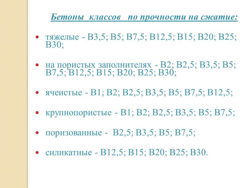 Бетоны классов по прочности на сжатие: тяжелые -