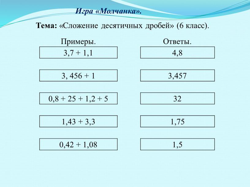 Игра «Молчанка». Примеры. Ответы