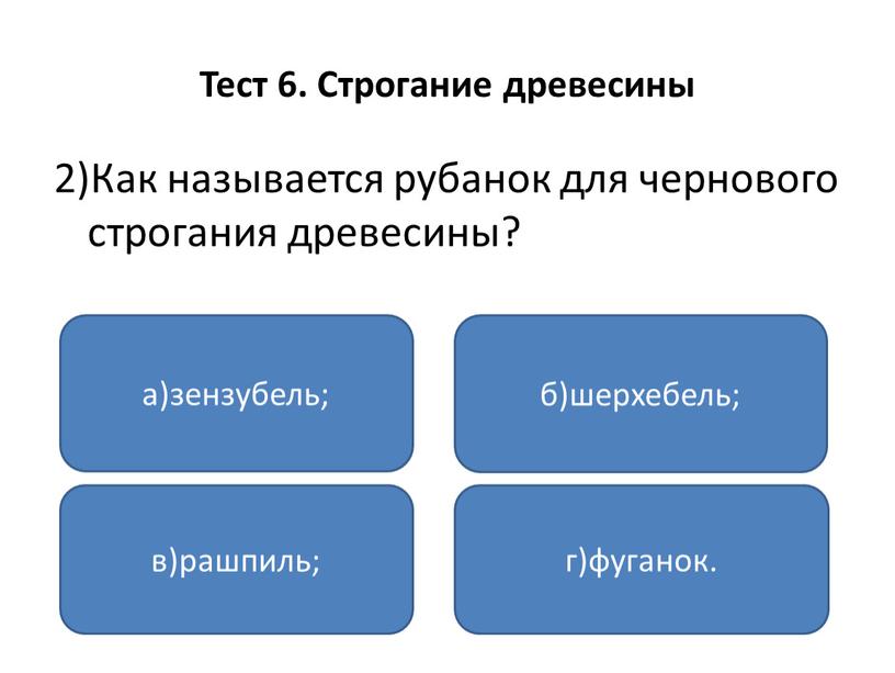 Тест 6. Строгание древесины 2)Как называется рубанок для чернового строгания древесины? а)зензубель; в)рашпиль; г)фуганок