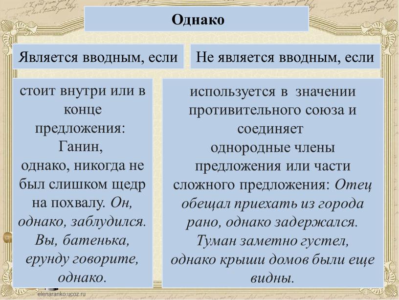 Однако Является вводным, если Не является вводным, если стоит внутри или в конце предложения: