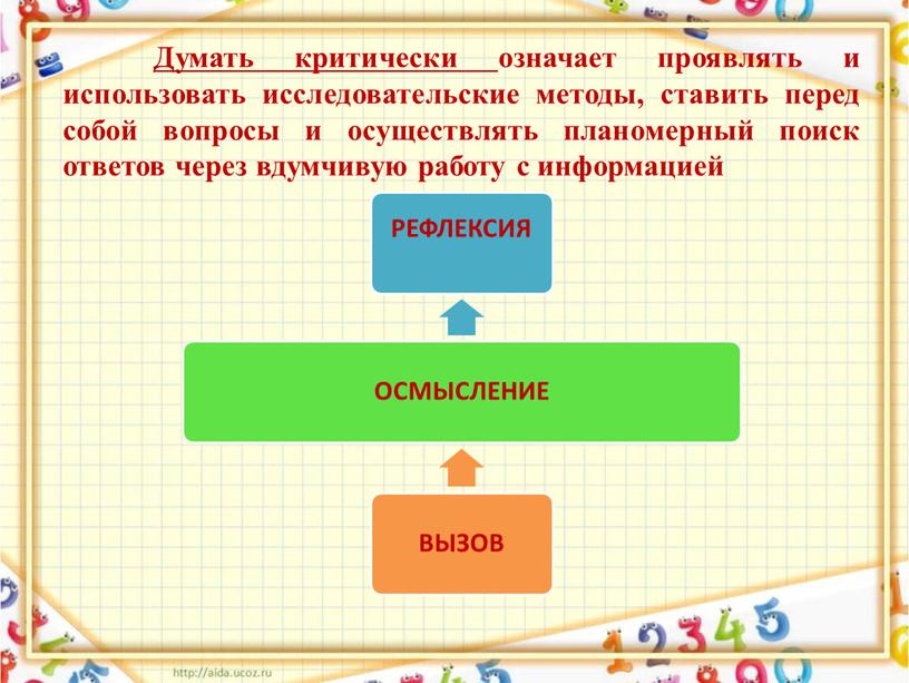 Думать критически означает проявлять и использовать исследовательские методы, ставить перед собой вопросы и осуществлять планомерный поиск ответов через вдумчивую работу с информацией