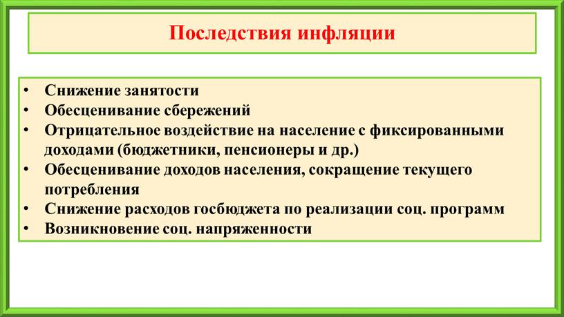 Последствия инфляции Снижение занятости