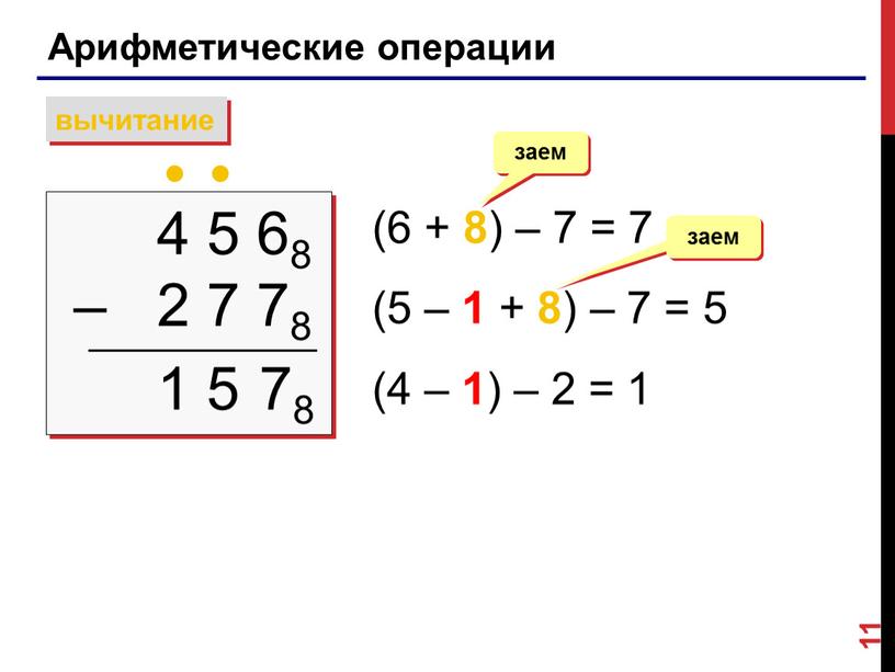 Арифметические операции вычитание 4 5 68 – 2 7 78  (6 + 8 ) – 7 = 7 (5 – 1 + 8 )…