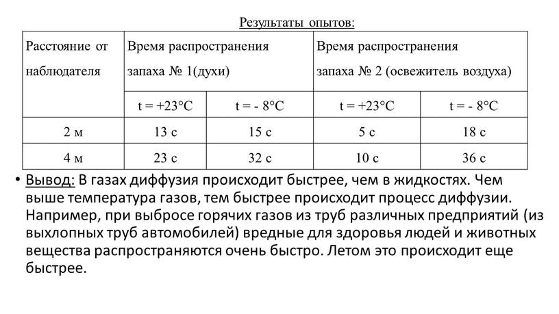 Вывод: В газах диффузия происходит быстрее, чем в жидкостях