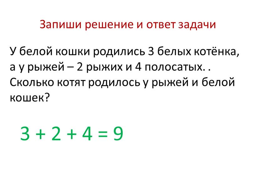 Запиши решение и ответ задачи У белой кошки родились 3 белых котёнка, а у рыжей – 2 рыжих и 4 полосатых