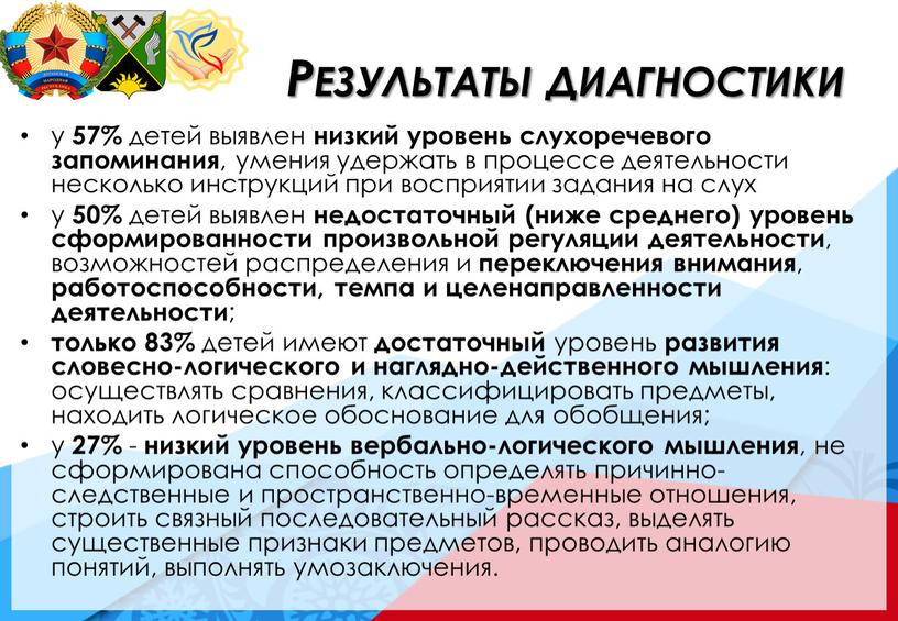 Результаты диагностики у 57% детей выявлен низкий уровень слухоречевого запоминания , умения удержать в процессе деятельности несколько инструкций при восприятии задания на слух у 50%…