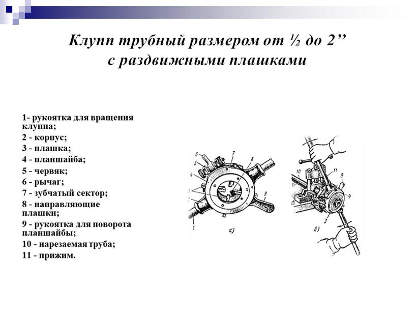 Клупп трубный размером от ½ до 2’’ с раздвижными плашками