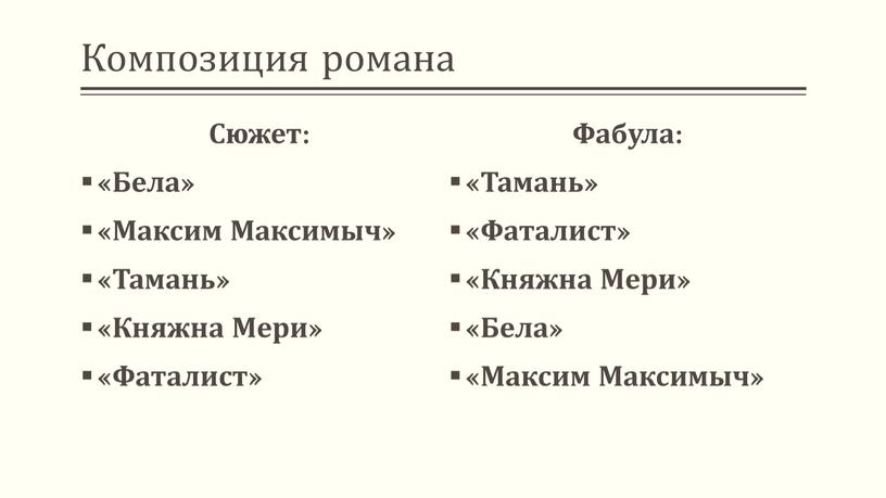 Композиция романа Сюжет: «Бела» «Максим