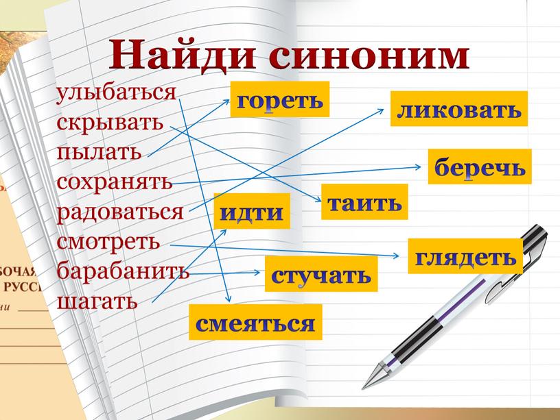 Найди синоним улыбаться скрывать пылать сохранять радоваться смотреть барабанить шагать гореть ликовать идти таить стучать глядеть смеяться беречь