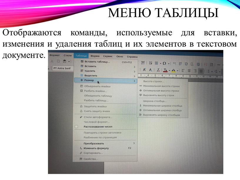 Отображаются команды, используемые для вставки, изменения и удаления таблиц и их элементов в текстовом документе