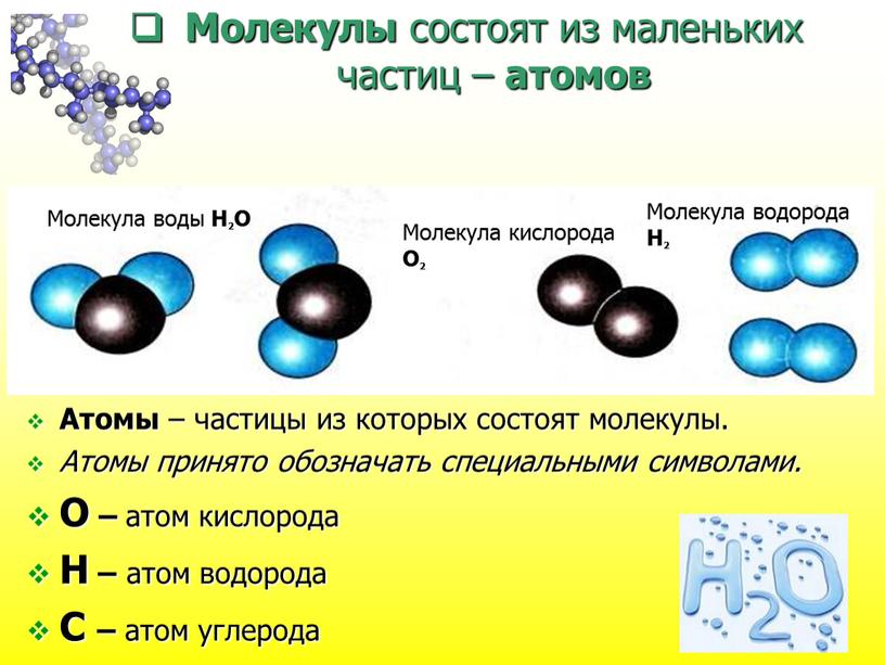 Молекулы состоят из маленьких частиц – атомов