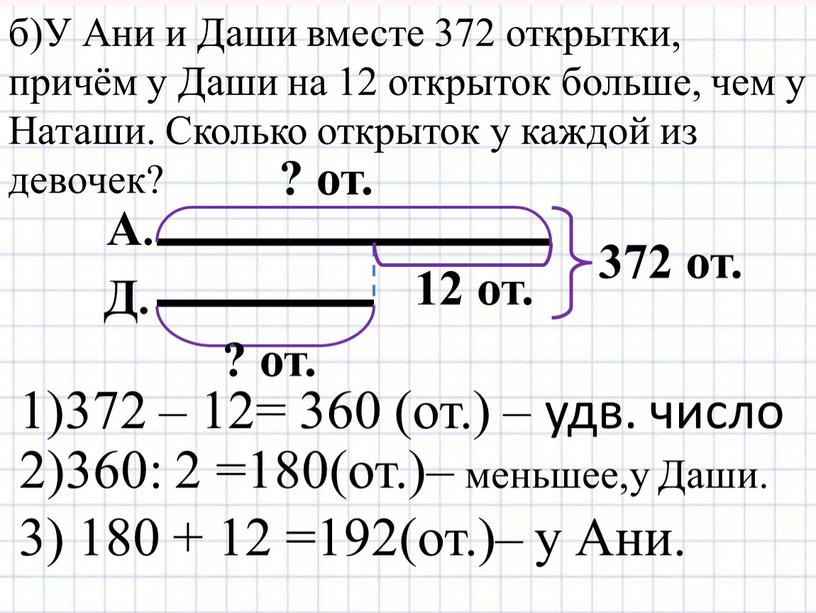 У Ани и Даши вместе 372 открытки, причём у