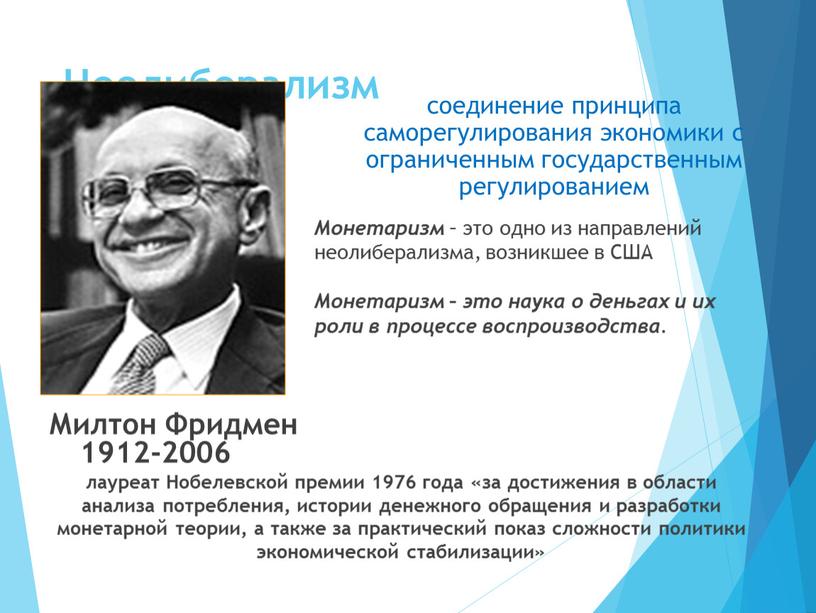 Неолиберализм Милтон Фридмен 1912-2006 лауреат