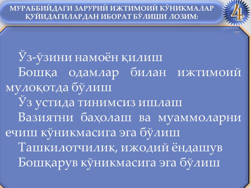 Бошқа одамлар билан ижтимоий мулоқотда бўлиш Ўз устида тинимсиз ишлаш