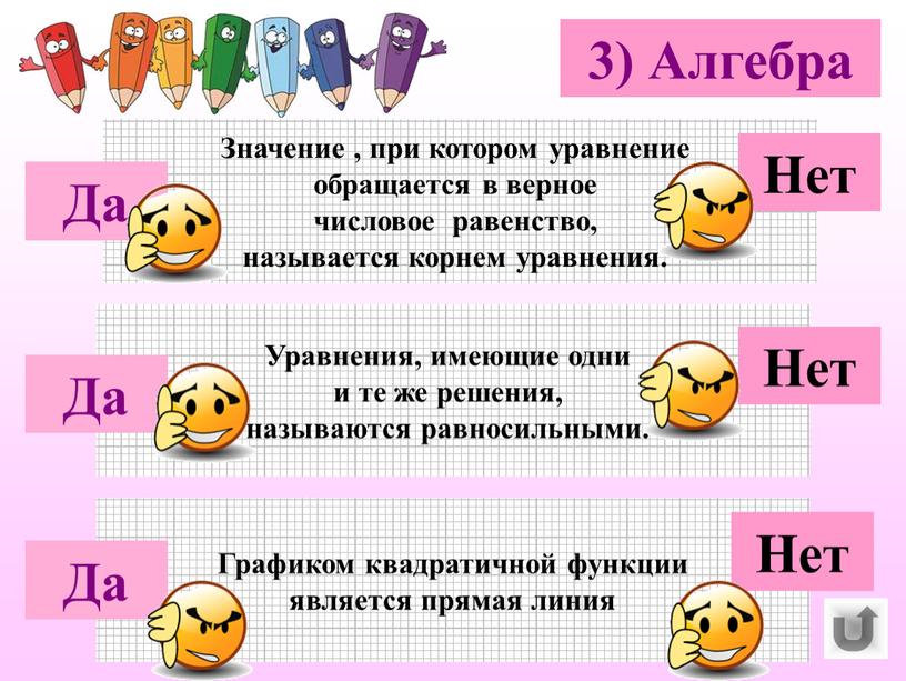 Алгебра Значение , при котором уравнение обращается в верное числовое равенство, называется корнем уравнения