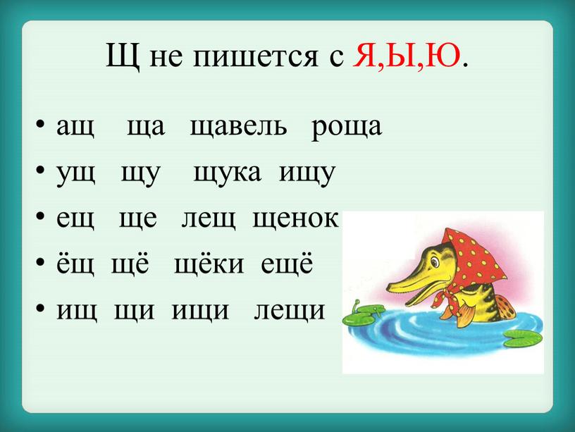 Щ не пишется с Я,Ы,Ю. ащ ща щавель роща ущ щу щука ищу ещ ще лещ щенок ёщ щё щёки ещё ищ щи ищи лещи