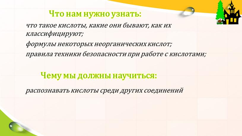 Что нам нужно узнать: что такое кислоты, какие они бывают, как их классифицируют; формулы некоторых неорганических кислот; правила техники безопасности при работе с кислотами;