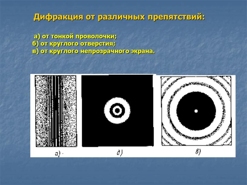 Дифракция от различных препятствий: а) от тонкой проволочки; б) от круглого отверстия; в) от круглого непрозрачного экрана