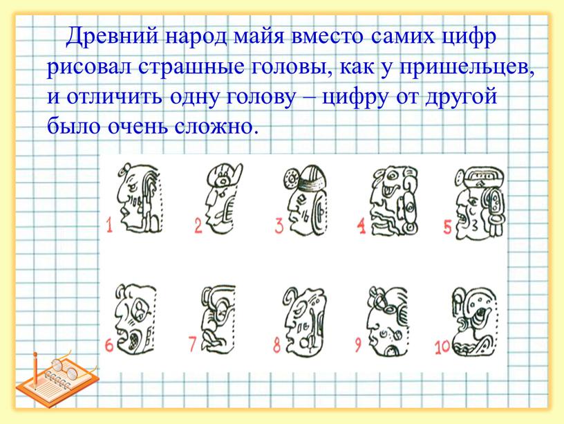 Древний народ майя вместо самих цифр рисовал страшные головы, как у пришельцев, и отличить одну голову – цифру от другой было очень сложно