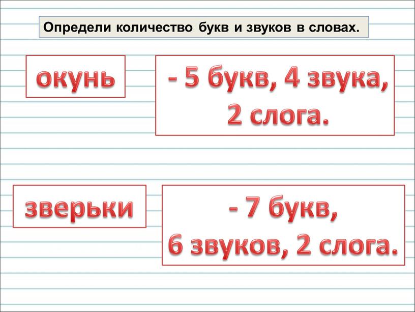 Определи количество букв и звуков в словах