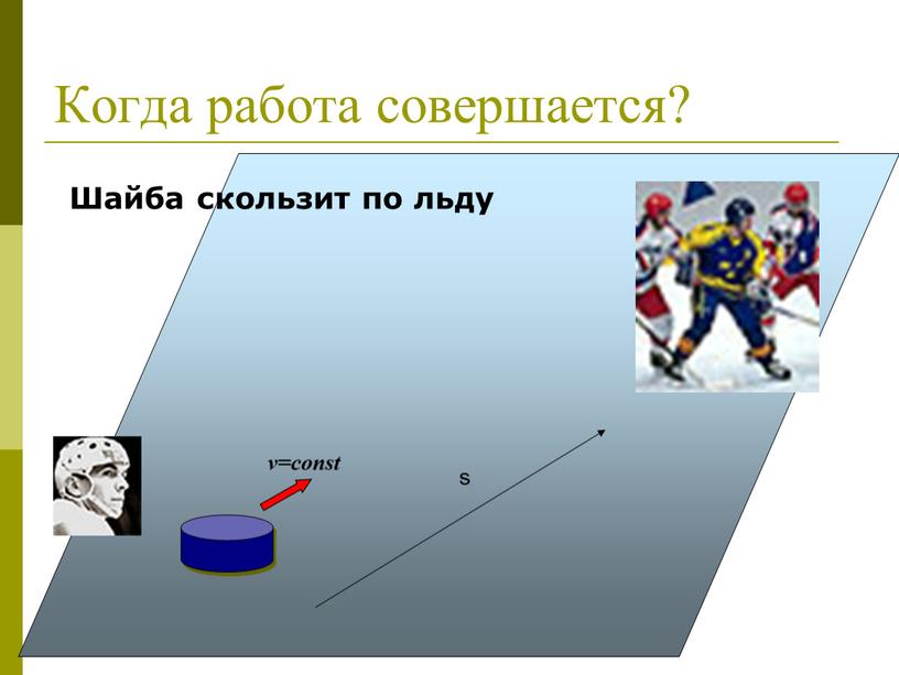 Когда работа совершается? Шайба скользит по льду v=const