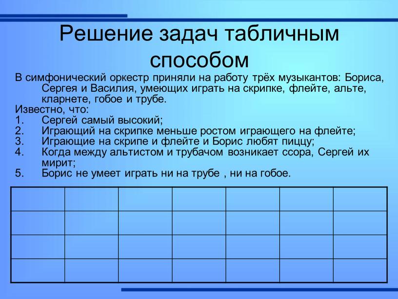 Решение задач табличным способом