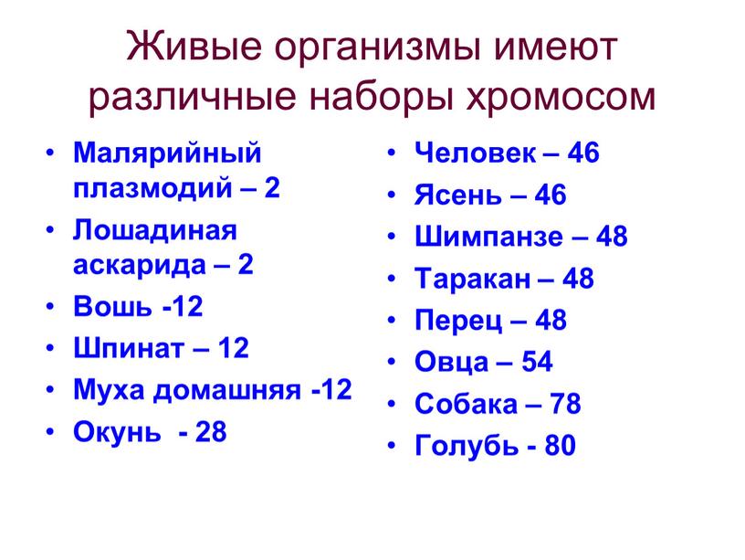 Живые организмы имеют различные наборы хромосом