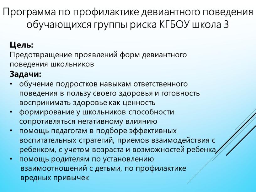 Программа по профилактике девиантного поведения обучающихся группы риска