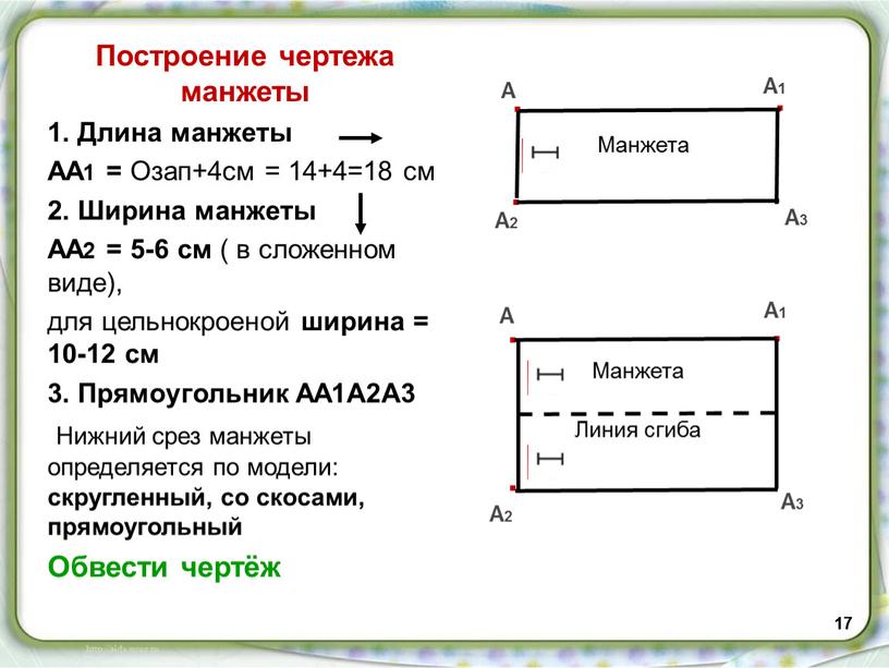 Построение чертежа манжеты 1. Длина манжеты