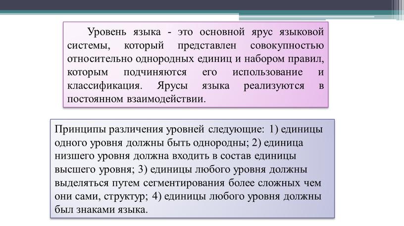 Уровень языка - это основной ярус языковой системы, который представлен совокупностью относительно однородных единиц и набором правил, которым подчиняются его использование и классификация