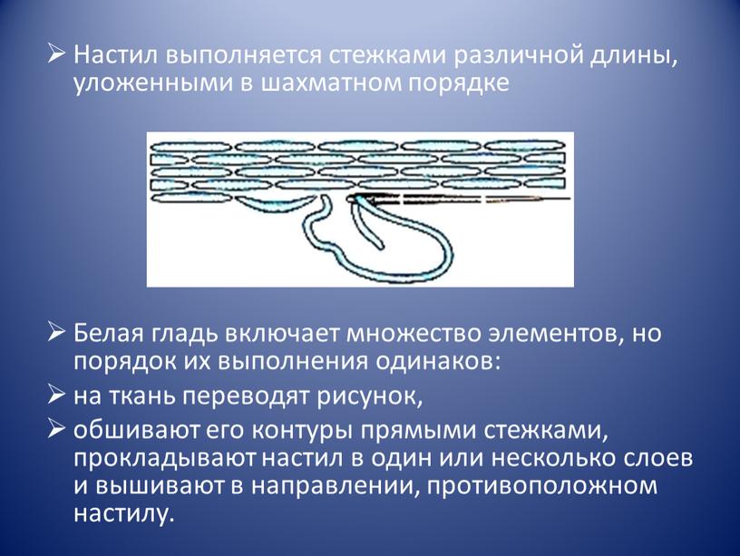 Настил выполняется стежками различной длины, уложенными в шахматном порядке