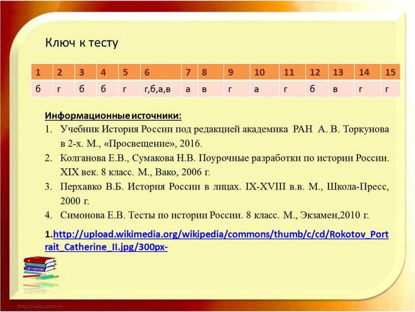 Ключ к тесту Информационные источники: