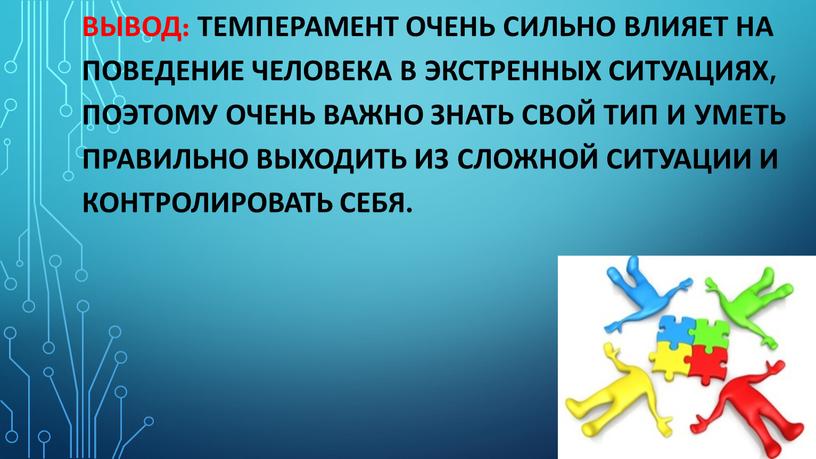 Вывод: темперамент очень сильно влияет на поведение человека в экстренных ситуациях, поэтому очень важно знать свой тип и уметь правильно выходить из сложной ситуации и…